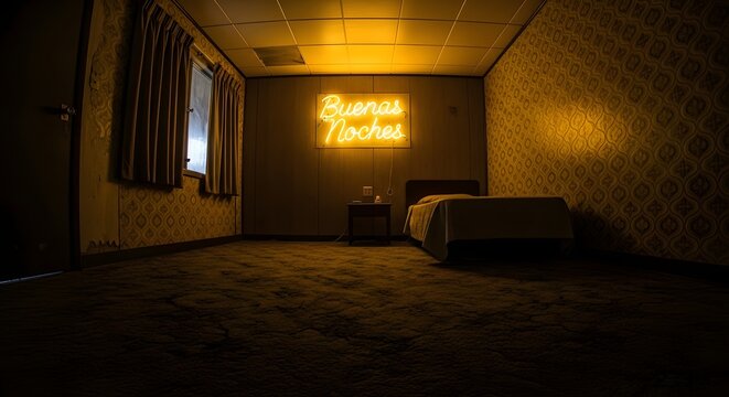 Retro motel room bathed in warm neon glow featuring 'Buenas Noches' sign, evoking nostalgia and a sense of mystery