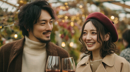 Happy Japanese couple celebrating with red wine toast at the festive Yamanashi Nouveau Festival in Japan, enjoying a romantic date