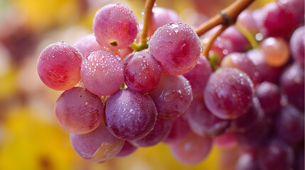 Ripe, juicy grapes glistening with morning dew on the vine, a symbol of the bountiful autumn harvest at the Yamanashi Nouveau Festival, Japan