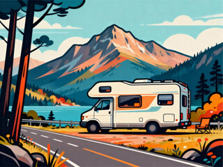 Obraz premium RV Road Trip Adventure Scenic Landscape with Mountain Views and Lakeside Camping