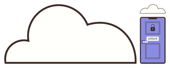 Minimalistic cloud shape and purple door with lock emphasize secure cloud storage and access solutions. Ideal for data security, cloud computing, privacy, encryption, access control, cybersecurity
