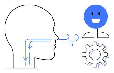 Human head releasing air with directional flow lines next to a smiling face and gear. Ideal for communication, feedback, process, interaction, human-machine connection, innovation, and respiratory
