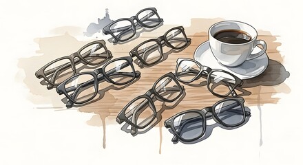 Stylish eyeglasses arranged artfully with a steaming cup of coffee evoke a sense of intellectual curiosity and refined taste for modern professionals.