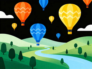 Naklejka premium Bright Hot Air Balloons Soar Over a Picturesque Landscape at Night