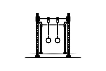 Gymnastic rings hang from a robust power rack in a gym setting.