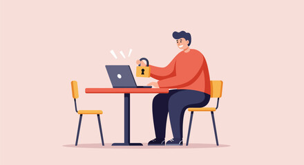 Man working on laptop with coffee at table.