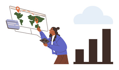 Person using tablet and engaging with global map featuring location pins and data points. Accompanied by black bar chart and cloud symbol. Ideal for data analysis, geography, technology, planning