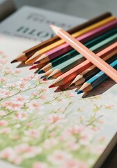 色鉛筆と花柄のスケッチブック