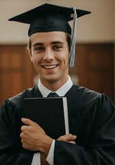 卒業式、笑顔の男性、卒業証書