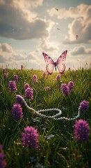 夕焼けと蝶と花畑の風景写真