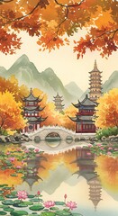 秋色に染まる古寺と池の風景