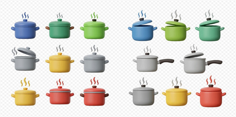 Collection of colorful 3D rendered cooking pots and pans with steam.