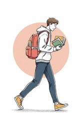 学生、本、通学、イラスト、歩いている