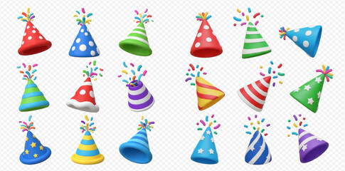 A collection of colorful party hats with confetti.