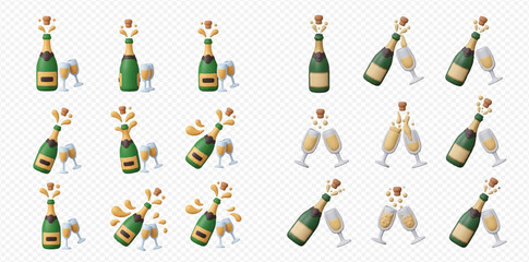 Collection of 3D rendered champagne bottles and glasses in various celebratory poses with popping corks and clinking flutes. © Heri