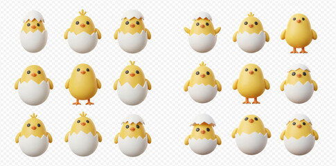 A collection of cute yellow chicks emerging from cracked eggs, rendered in 3D. © Heri
