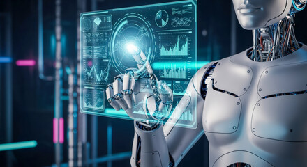 Robot hand touching virtual screen with data for concept of artificial intelligence, future technology, business analytics and global network