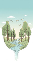 Minimalist vector landscape illustration with a serene river, green trees, and flying birds under a clear sky, symbolizing nature's peace and environmental balance