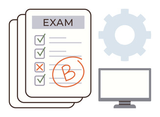 Stack of exam papers graded with checkmarks, cross, and final grade, alongside a gear and computer screen. Ideal for education, evaluation, learning, progress grading results and testing. Simple