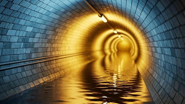 Orange lighted brick tunnel half filled with rippling water for urban water supply and treatment systems footage.