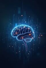 Futuristic digital illustration of an AI brain with illuminated neural pathways and glowing data streams. The deep blue cybernetic background adds a high-tech atmosphere.