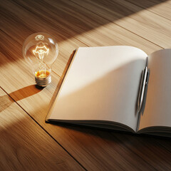 A well-lit incandescent light bulb and an open notebook with a pen rest on a wooden surface, symbolizing creativity and new ideas