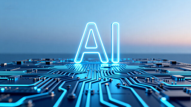 AI circuit board with glowing letters