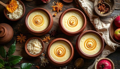 Fototapeta premium Overhead view of five clay bowls filled with creamy yellow dessert topped with golden swirl drizzle and scattered spices on a rustic wooden table with fresh apples and shredded coconut.