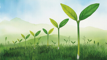 Green leaves and sprouting plant on a soft green landscape representing nature and growth