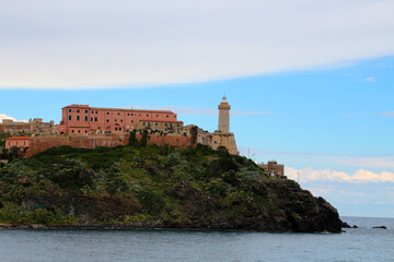 View of the Faro di Forte Stella lighthouse on Portoferraio, on Elba island, Livorno, Italy