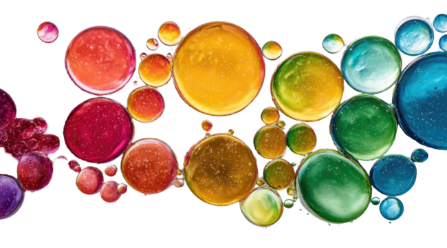 Colorful, round, translucent spheres, arranged in a flowing pattern