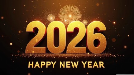 Naklejka premium Golden 2026 happy new year text with fireworks and bokeh