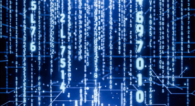 Abstract technology background with falling numbers and binary code for concept of big data, matrix, hacking, or computer science