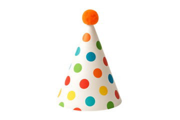 A colorful polka dot party hat with a vibrant orange pom-pom a fun accessory for any christmas celebration isolated on transparent background