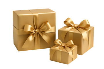 Obraz premium Two elegant golden christmas gift boxes and one smaller present wrapped with matching satin bows isolated on transparent background