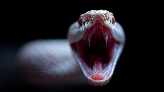 Detailed close-up of a snake with mouth wide open, showcasing sharp fangs and scales against a black background.
