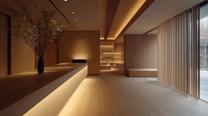 Serene spa reception, minimalist design, Japan, calm background, wellness