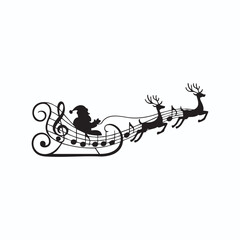 Santa sleigh formed with musical notes, low detail, white background. Design layer should be clean and smooth.
