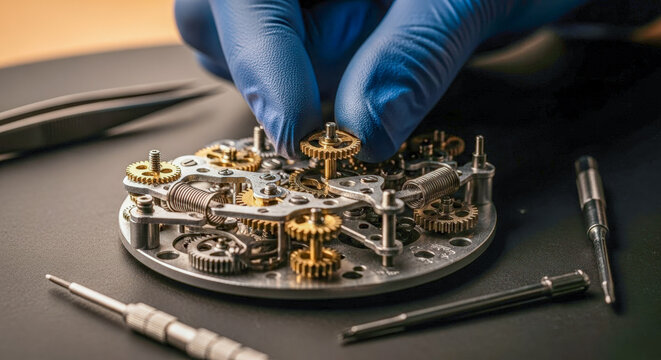 Watchmaker in gloves repairing mechanical watch movement for concept of precision, craftsmanship, and luxury timepiece maintenance - Powered by Adobe