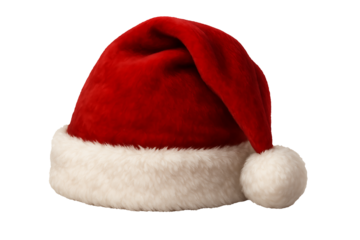 A traditional plush red santa claus cap with a white fluffy trim and a matching white pom-pom on the tip, perfect for christmas cheer isolated on transparent background