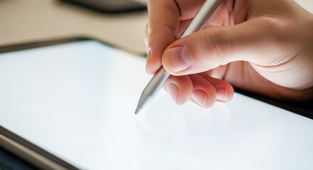 Hand holding stylus pen and writing on digital tablet with blank white screen for mockup, or e-signature concept