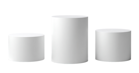 Three white cylindrical podiums of varying heights