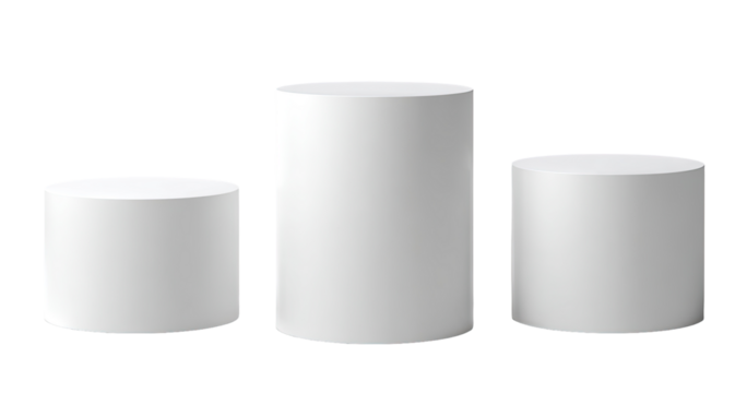 Three white cylindrical podiums of varying heights