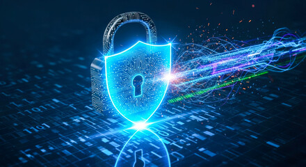 Cybersecurity concept with glowing shield lock icon over digital background with data stream for concept of data protection and privacy