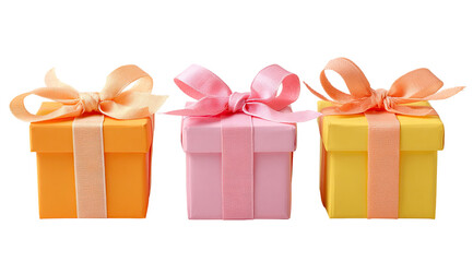 Obraz premium Three small gift boxes, coral, pink, and yellow, with matching pastel ribbons and bows