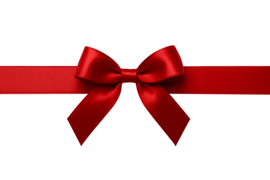 A perfect bright red satin christmas ribbon tied into a neat bow stretched horizontally across the frame ideal for gift boxes or website headers isolated on transparent background