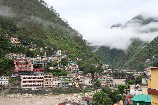 Scenic beauty of KarnPrayag enroute to Badrinath, with foggy hills,  hill & river-side tourist resorts. Badrinath is a famous Hindu tourist and pilgrimage place near the Himalayas.