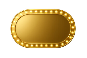 Golden oval marquee light bulb blank christmas sign with shiny metal border frame festive glowing template isolated on transparent background