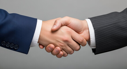 Obraz premium Businessmen in suits shaking hands for concept of partnership, agreement, deal, or corporate success