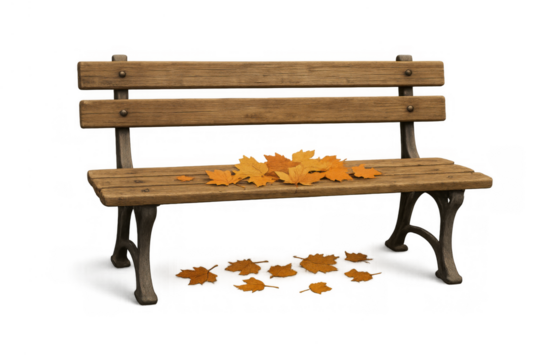 Park bench covered with vibrant autumn maple leaves, evoking a sense of fall and changing seasons, transparent background